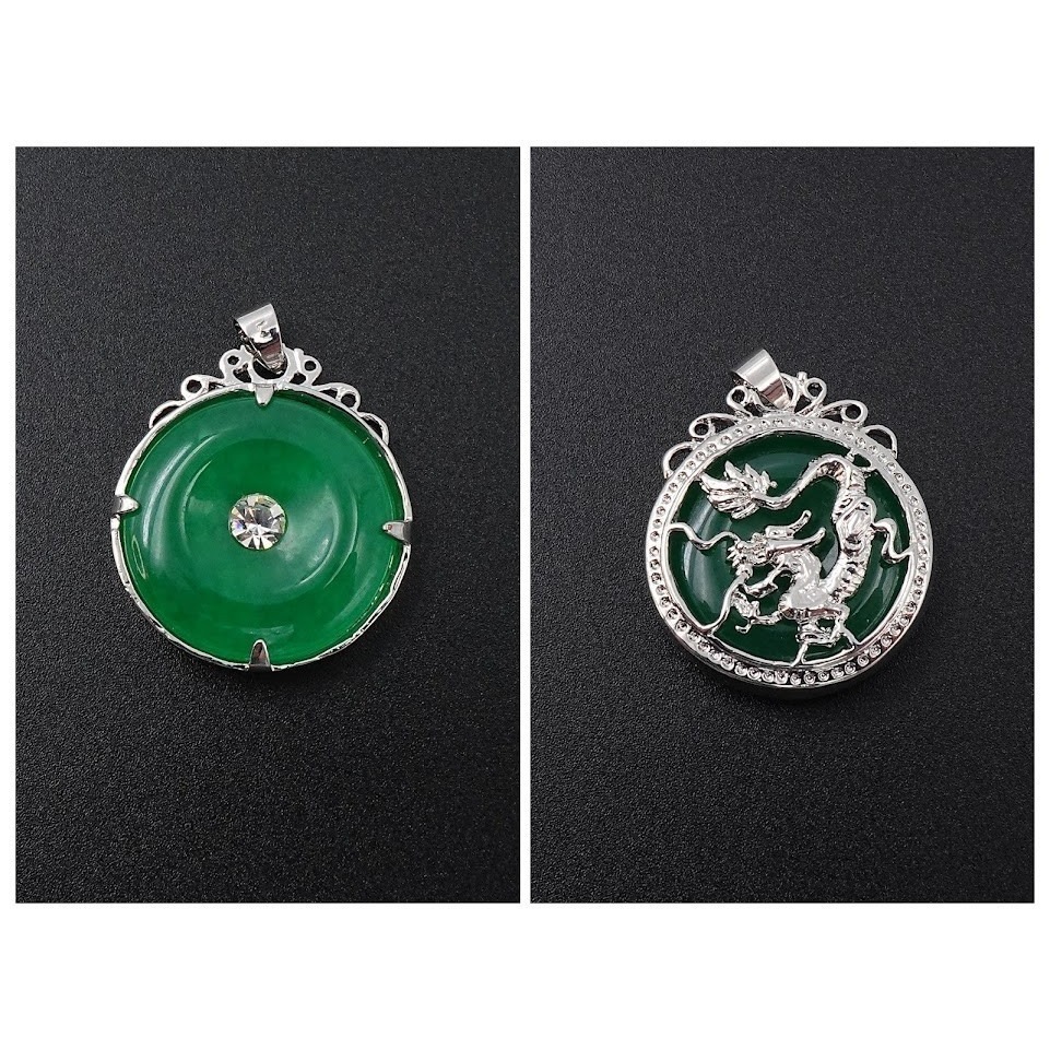 Silver Tone Dragon Pendant Green Reversible Clear Rhinestone Asian